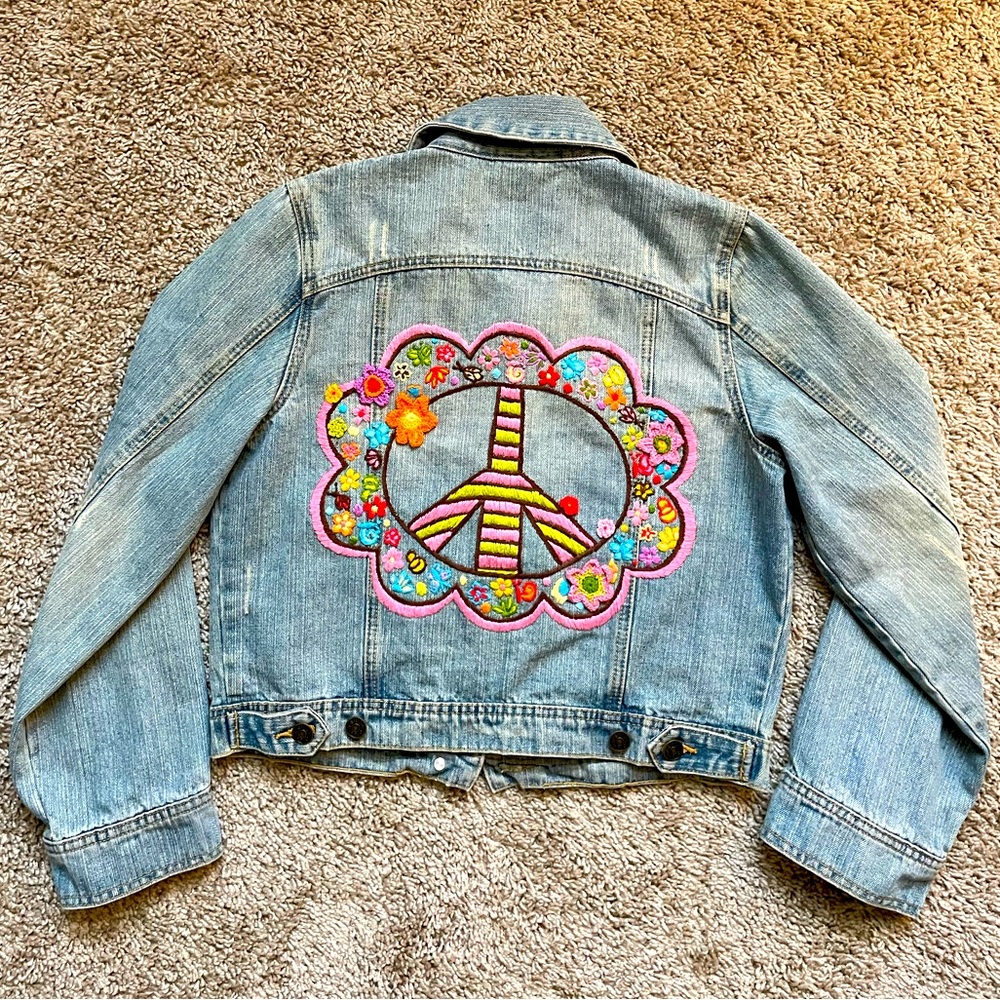 Ivy Jane Boho Hippie Peace Sign Embroidered Jean Jacket OOAK